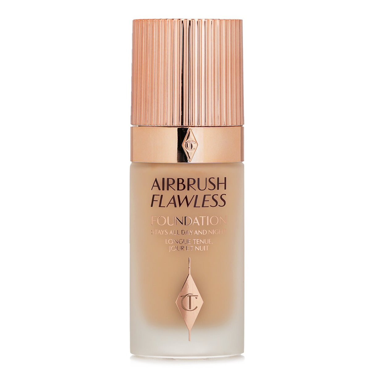 Charlotte Tilbury's Airbrush Flawless Foundation #5 Warm, 30ml, providing full coverage and a flawless matte finish, sweat-proof and hydrating.