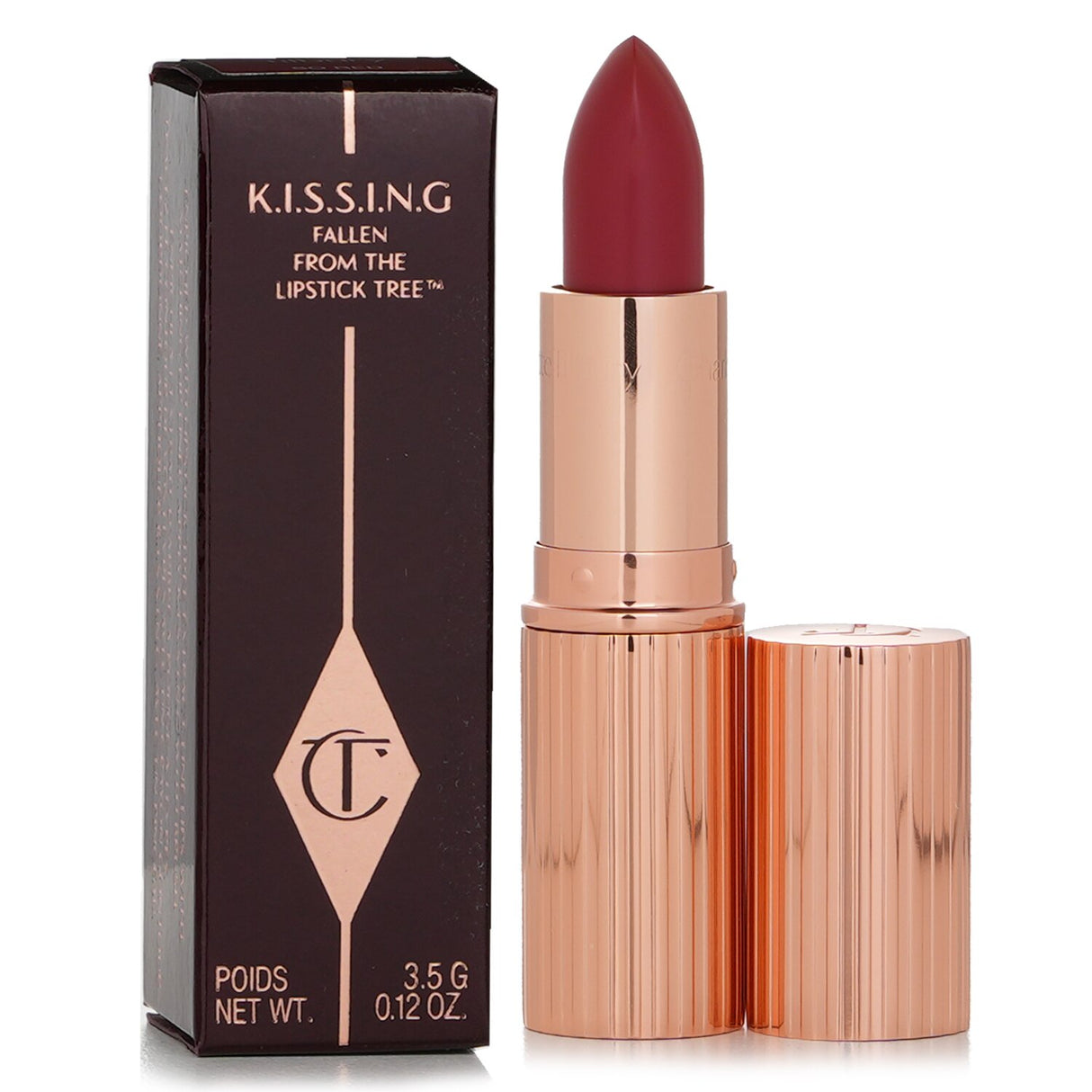 Charlotte Tilbury K.I.S.S.I.N.G Lipstick in #So Red, featuring a hydrating satin finish and UV protection for soft, vibrant lips.