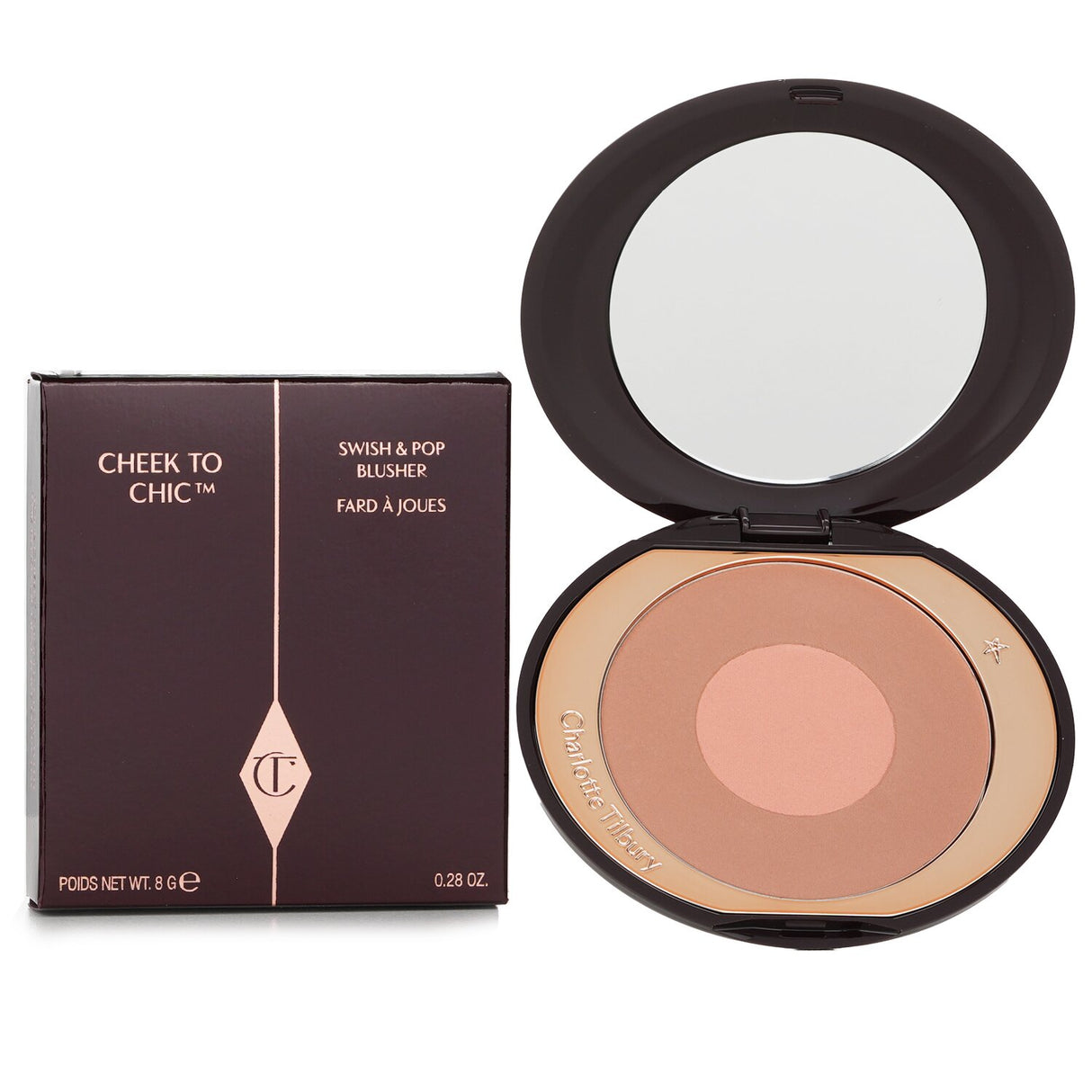 Charlotte Tilbury Cheek To Chic Blusher in #The Climax, creamy powder delivers buildable color and radiant glow for even complexion.