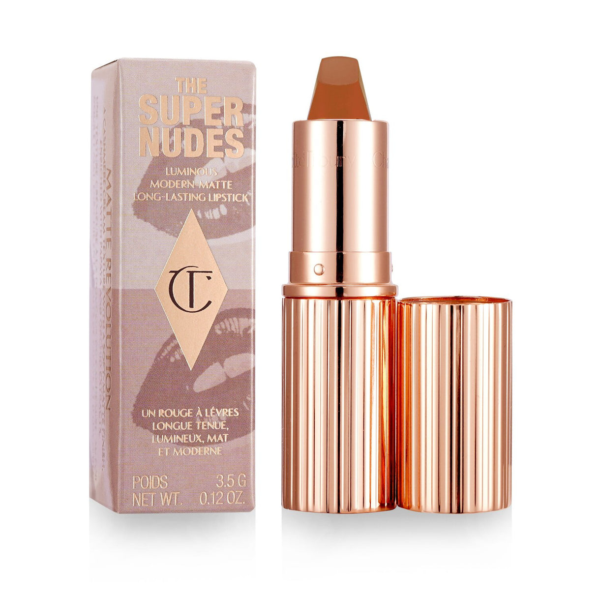 Neutral nude peach lipstick with a matte finish, moisturizing formula, and precision application for all skin tones.