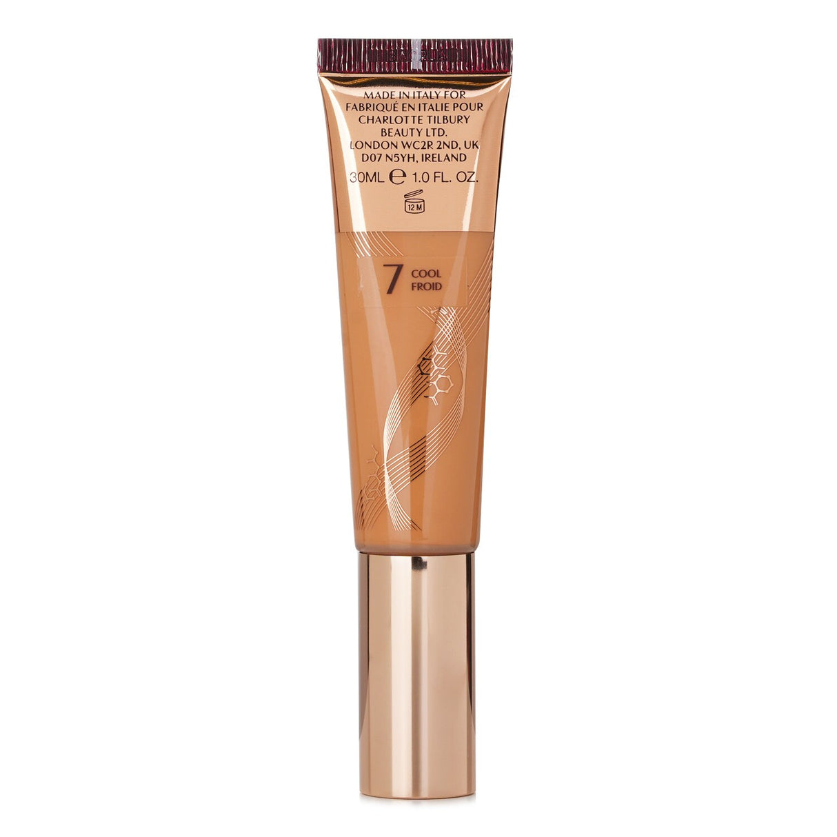 Charlotte Tilbury's Beautiful Skin Foundation in shade #7 Cool, a hydrating, medium-coverage formula for a radiant complexion.