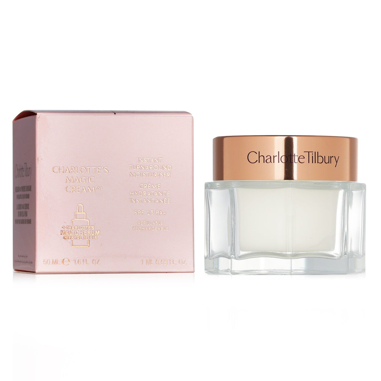 Charlotte Tilbury's Magic Cream SPF 15 in a 50ml jar, a luxurious moisturizer for youthful, radiant skin with UV protection.