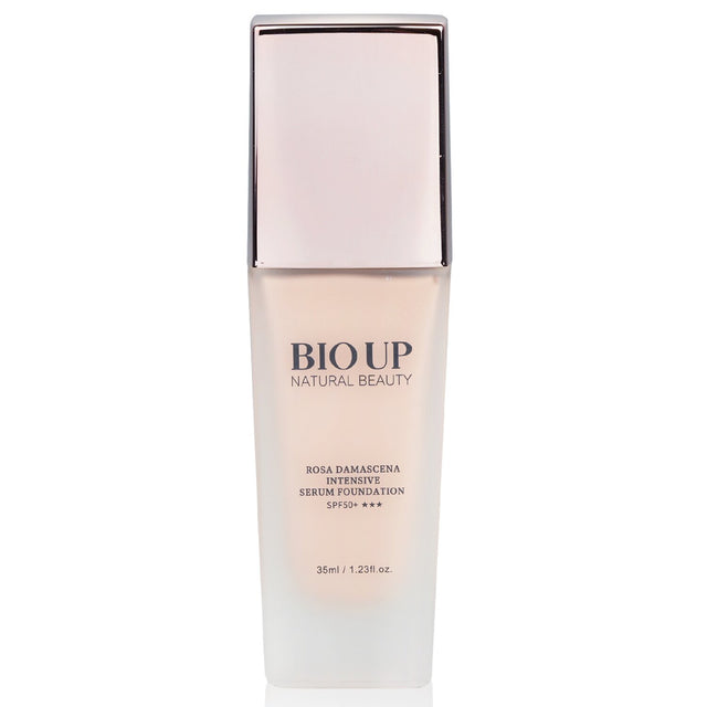 Natural Beauty BIO UP Rose Collagen Intensive Serum Foundation SPF50, 35ml, offers radiant skin, anti-wrinkle benefits, and sun protection.