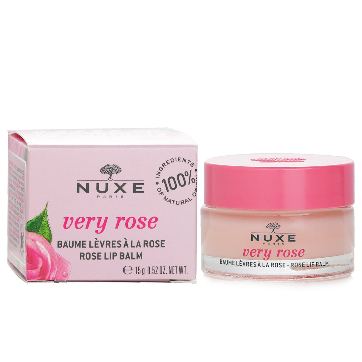 Nuxe Very Rose Lip Balm enhances dry lips with natural ingredients, providing moisture, protection, and a rosy sheen.