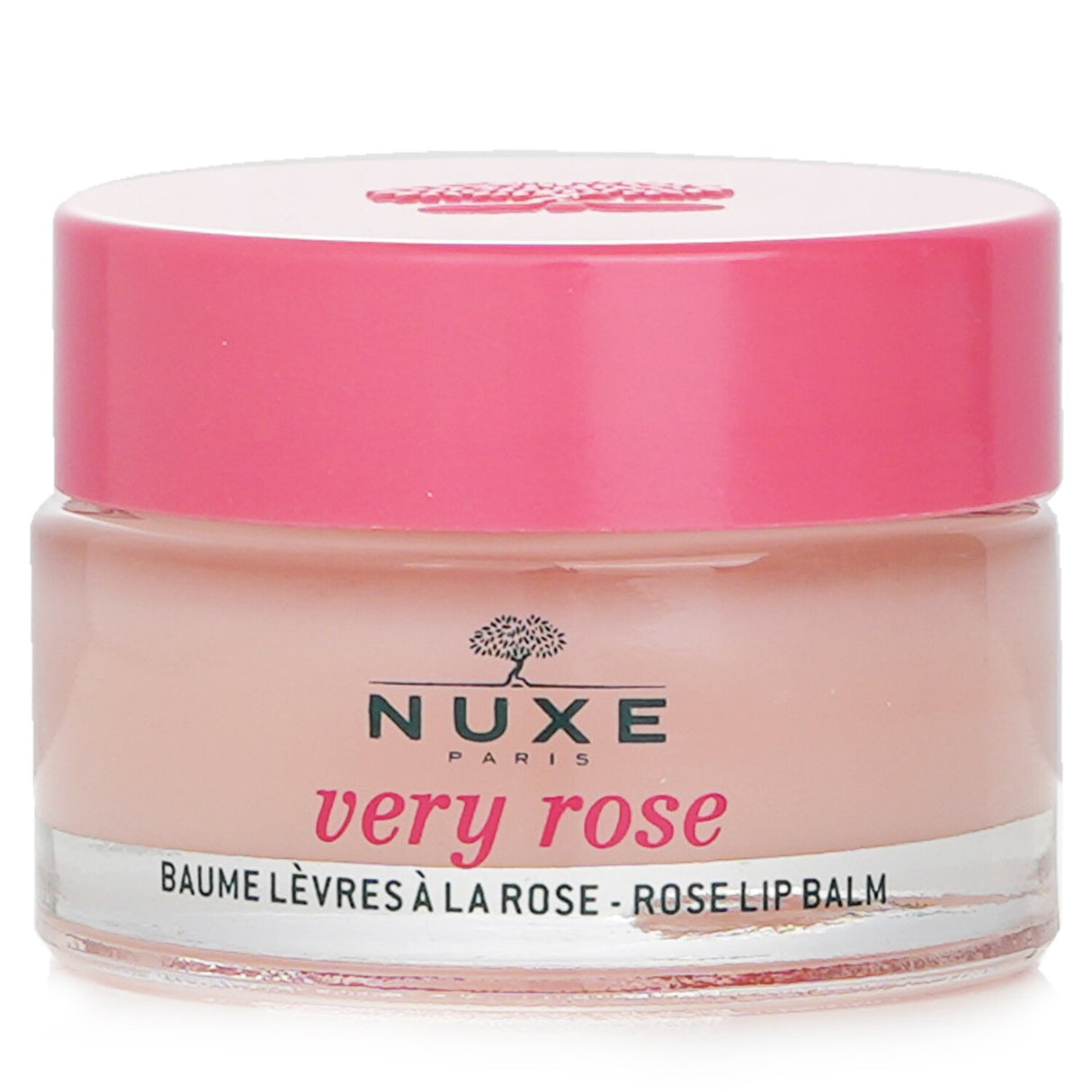 Nuxe Very Rose Lip Balm in 15g, enriched with rose oil and shea butter for soft, hydrated lips with a delicate rosy sheen.