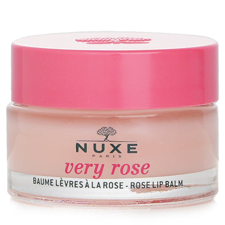 Nuxe Very Rose Lip Balm in 15g, enriched with rose oil and shea butter for soft, hydrated lips with a delicate rosy sheen.