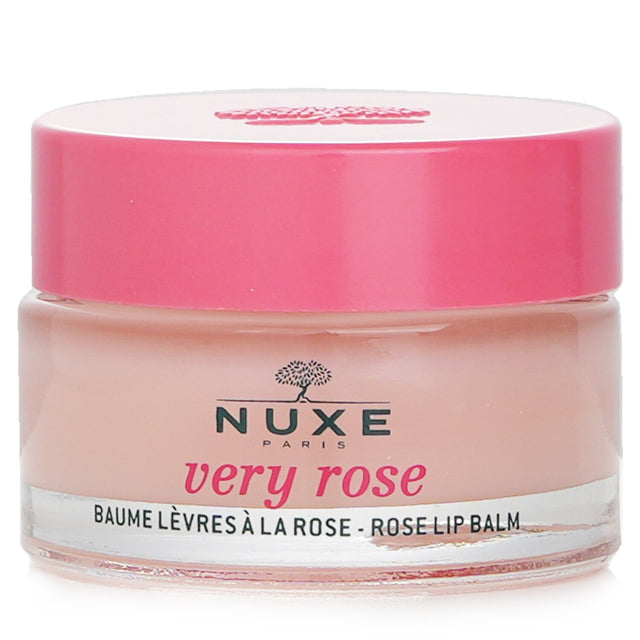 Nuxe Very Rose Lip Balm in 15g, enriched with rose oil and shea butter for soft, hydrated lips with a delicate rosy sheen.