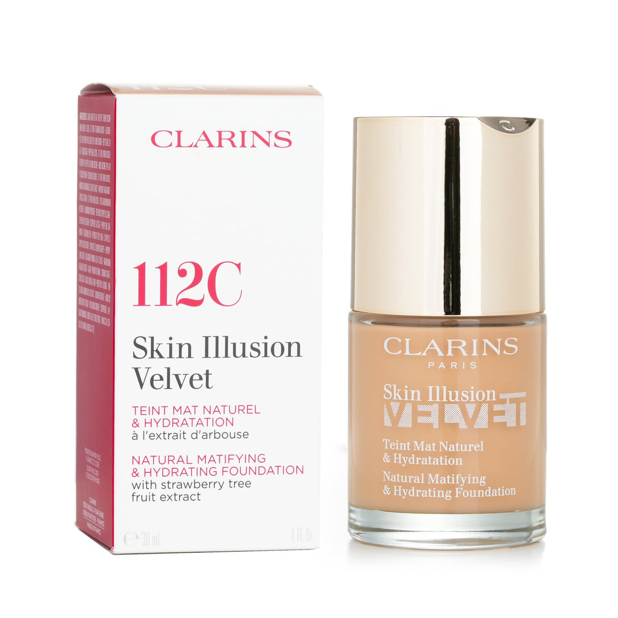 Clarins Skin Illusion Velvet Foundation #112C offers light coverage, hydration, and SPF15 for a radiant matte finish.