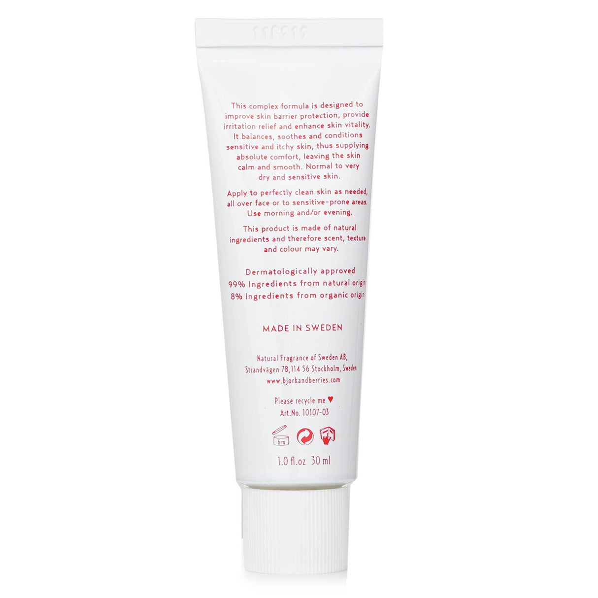 Bjork & Berries Rescue Cream in 30ml, a nourishing botanical skin treatment for dry and sensitive skin, enriched with oat extract.