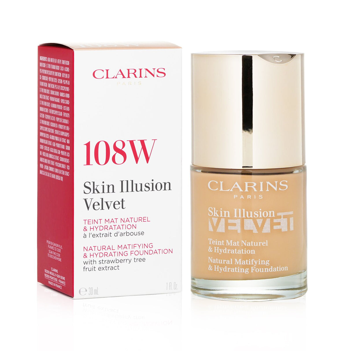 Clarins Skin Illusion Velvet Foundation #108W in a sleek bottle, offering light coverage, hydration, and SPF 15 protection.