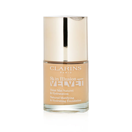 Clarins Skin Illusion Velvet Foundation #108W offers light coverage, hydration, and SPF 15 for a natural matte finish.