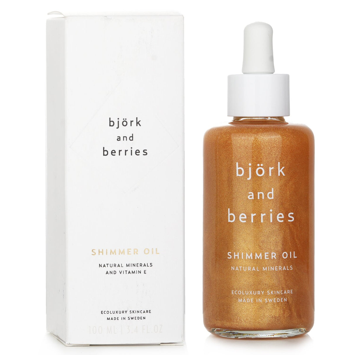 Luxurious Bjork & Berries Shimmer Oil in a 100ml bottle, infused with birch extract for glowing, hydrating skin; vegan and cruelty-free.