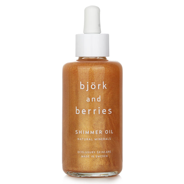 Luxurious Bjork & Berries Shimmer Oil in a 100ml bottle, enriched with birch extract for glowing, hydrated skin.
