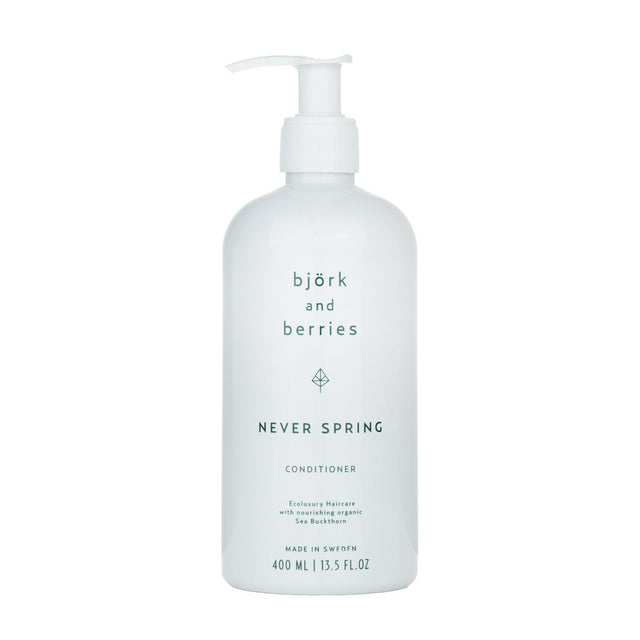 Bjork & Berries Never Spring Conditioner in 400ml bottle, formulated with organic ingredients for soft, shiny, and manageable hair.