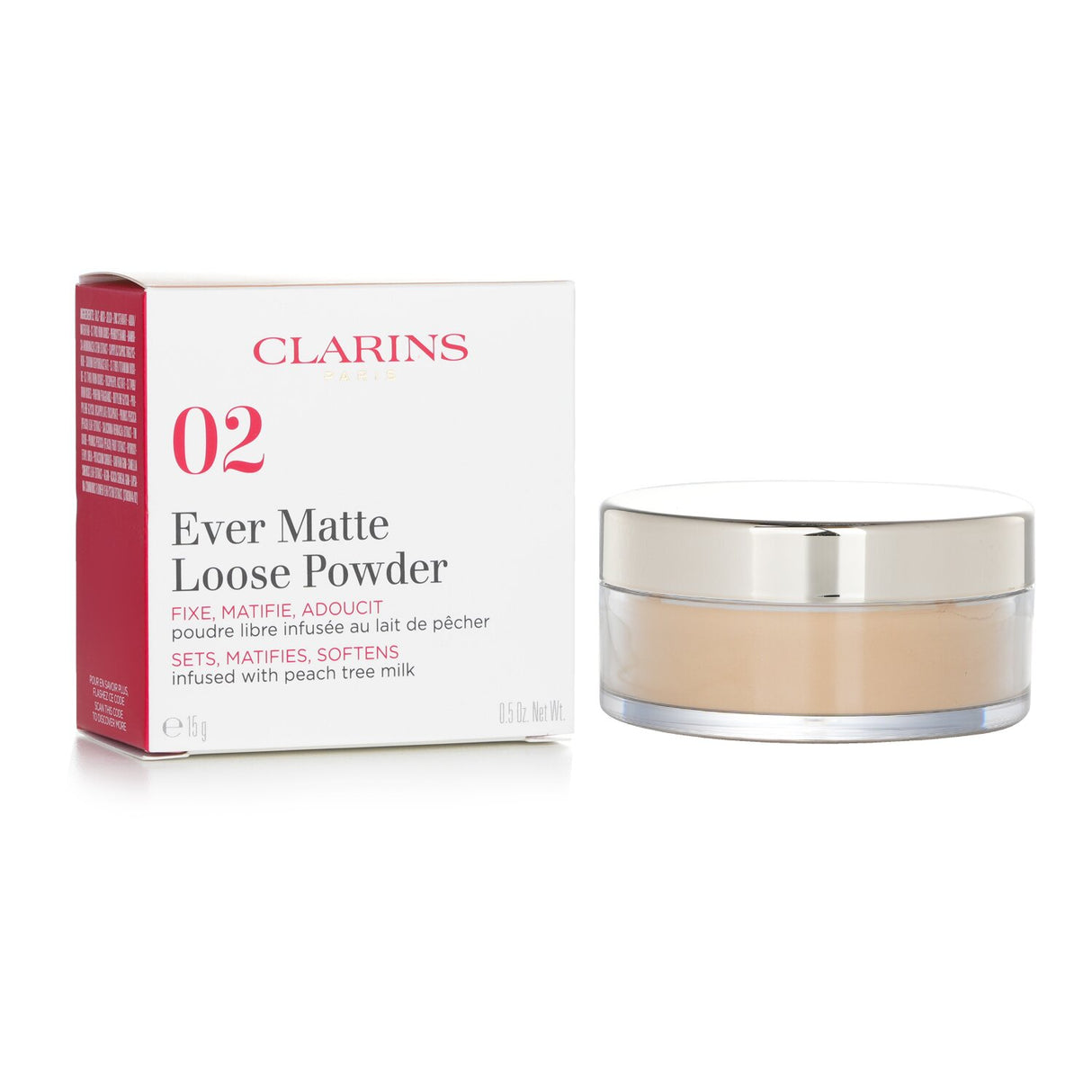 Clarins Ever Matte Loose Powder #02 Universal Medium, a 15g translucent powder for mattifying and hydrating all skin types.