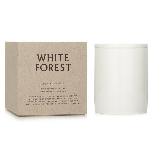 Vegan scented candle in decorative container, featuring a woody aroma, hand-poured in Sweden, burns up to 55 hours.