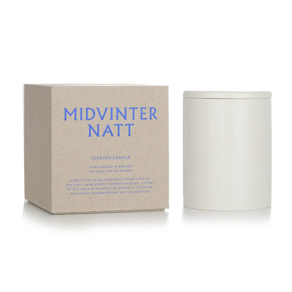Vegan scented candle in a decorative container, featuring green fir, cedarwood, and eucalyptus, burns up to 55 hours.