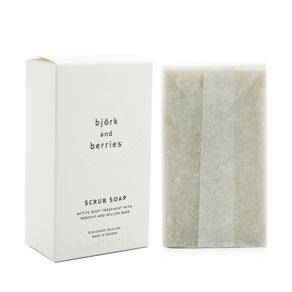 Luxurious Bjork & Berries Scrub Soap, 225g, for double exfoliation and hydration, made with natural and organic ingredients.