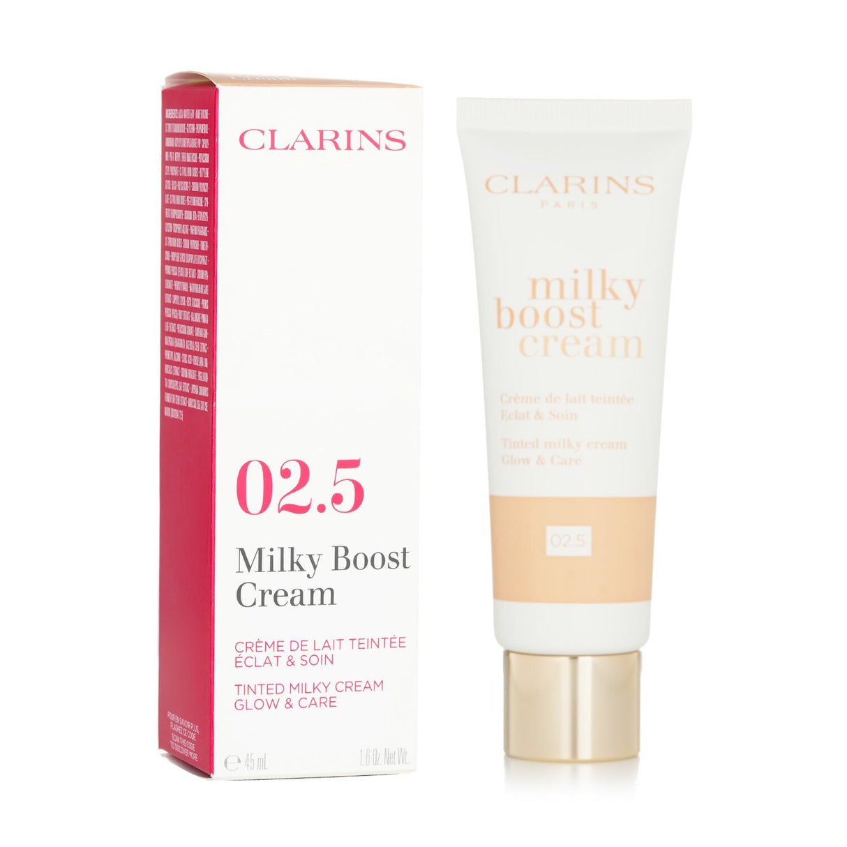 Clarins Milky Boost Cream #02.5 in a 45ml tube, a nourishing BB cream for radiant skin with lightweight coverage.