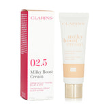 Clarins Milky Boost Cream #02.5 in a 45ml tube, a nourishing BB cream for radiant skin with lightweight coverage.