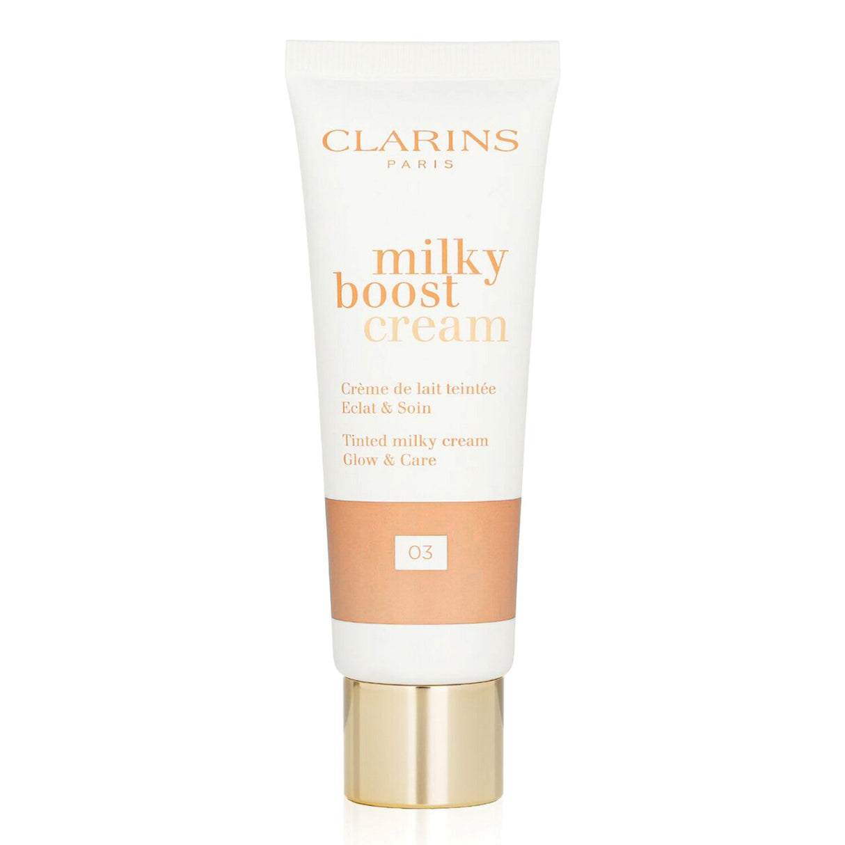 Clarins Milky Boost Cream #03 in 45ml, a BB cream with Peach Milk for hydration, coverage, and a radiant glow.