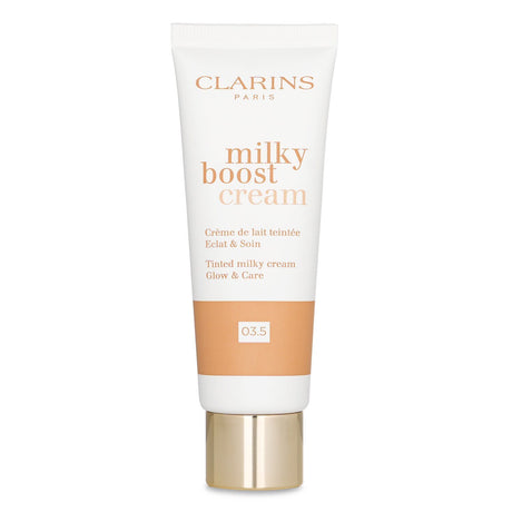 Clarins Milky Boost Cream #03.5 in 45ml tube, a nourishing BB cream for flawless, radiant skin with a lightweight finish.