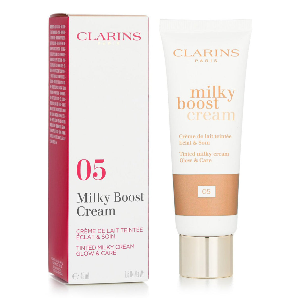 Clarins Milky Boost Cream #05, a nourishing BB cream with Peach Milk, hydrates, evens skin tone, and reduces imperfections.