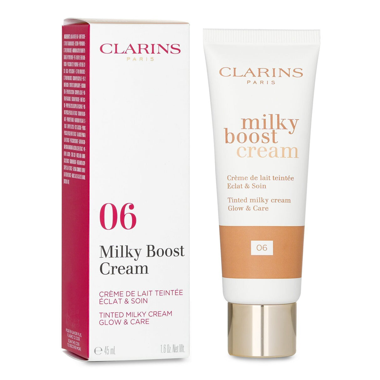 Clarins Milky Boost Cream #06 in 45ml, a BB cream with Peach Milk for hydrated, smooth, and radiant skin.