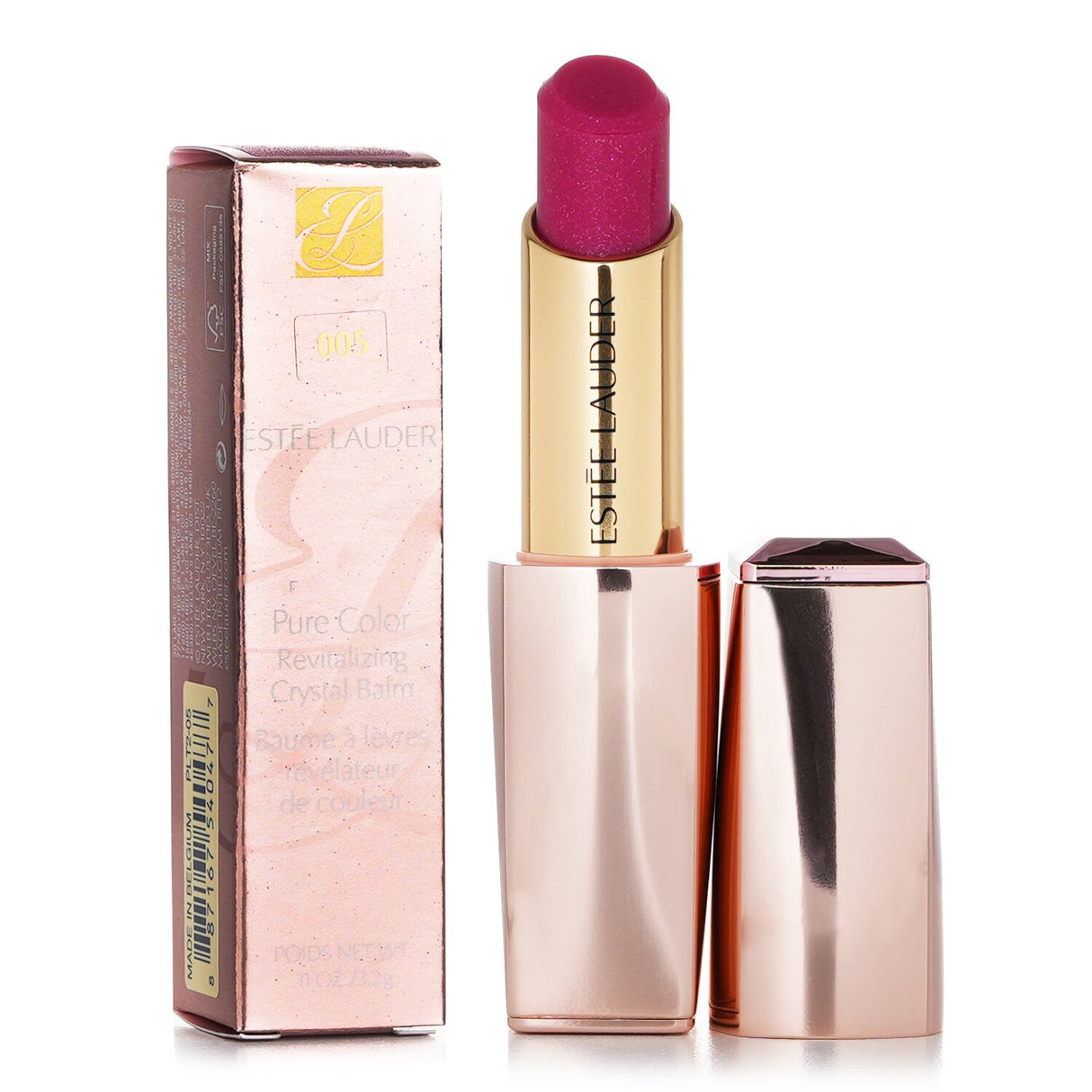 Estee Lauder's Pure Color Revitalizing Crystal Balm #005 Love Crystal, a 3.2g hydrating lipstick enhancing lips with buildable color.