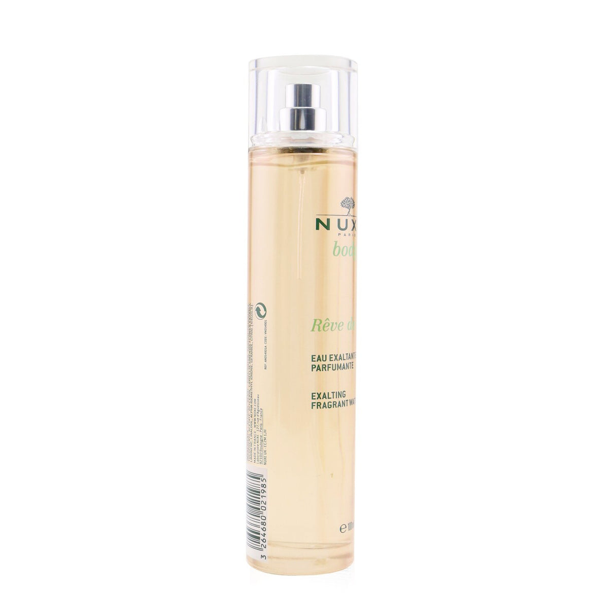 Nuxe Body Exalting Fragrant Water Spray in 100ml, featuring a zesty blend of green tea, rhubarb, and fresh herbs.