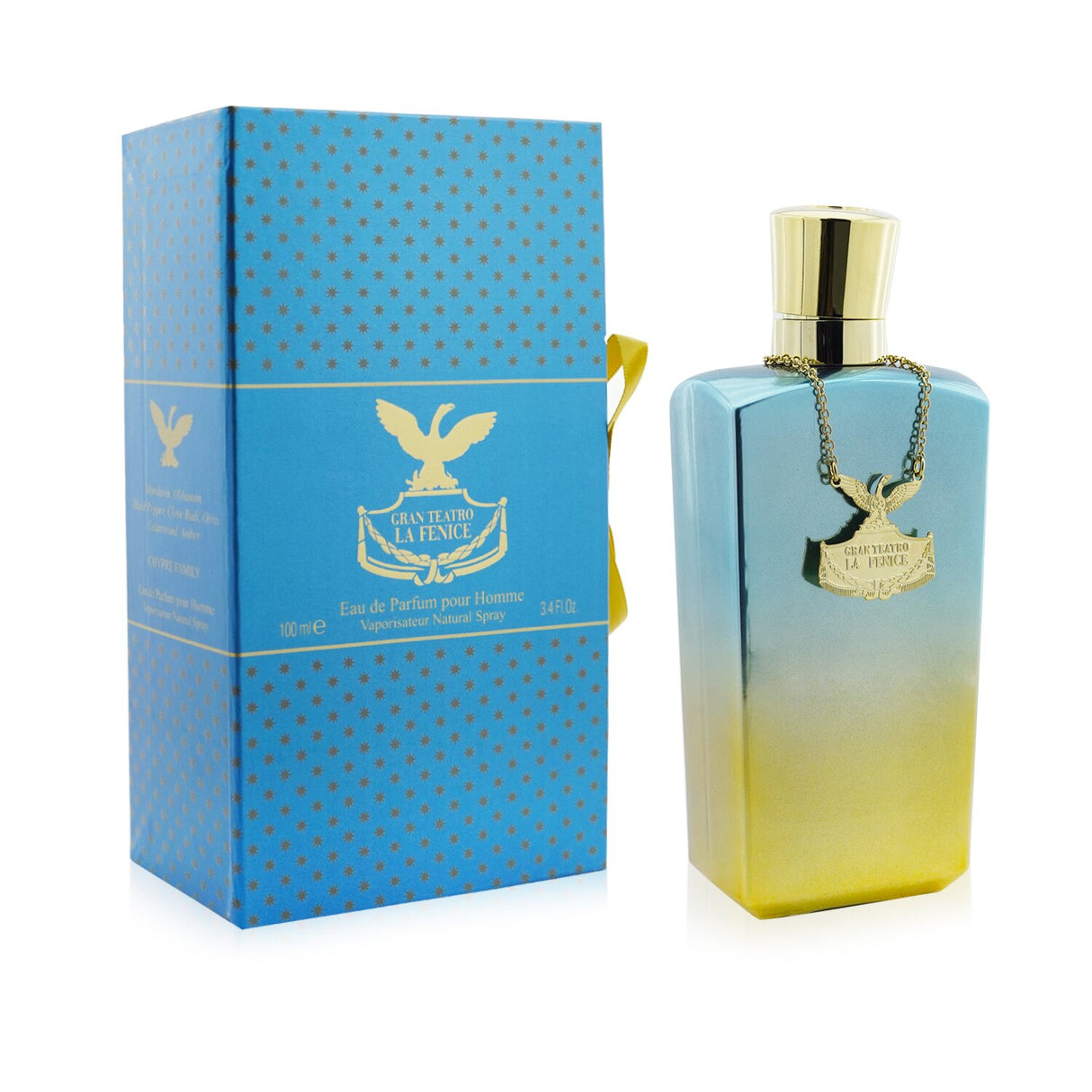 Light-blue bottle of La Fenice Pour Homme Eau De Parfum, embodying floral citrus elegance with a luxurious design.