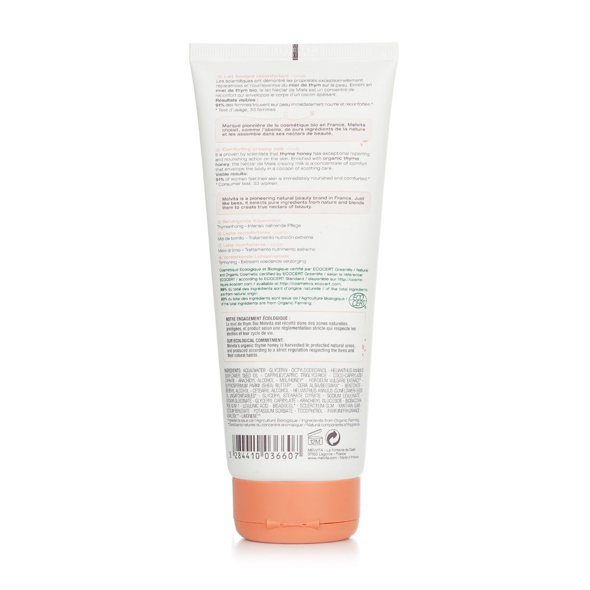 Melvita Nectar De Miels Comforting Creamy Milk 200ml, a nourishing body moisturizer with a rich milky texture and floral honey scent.