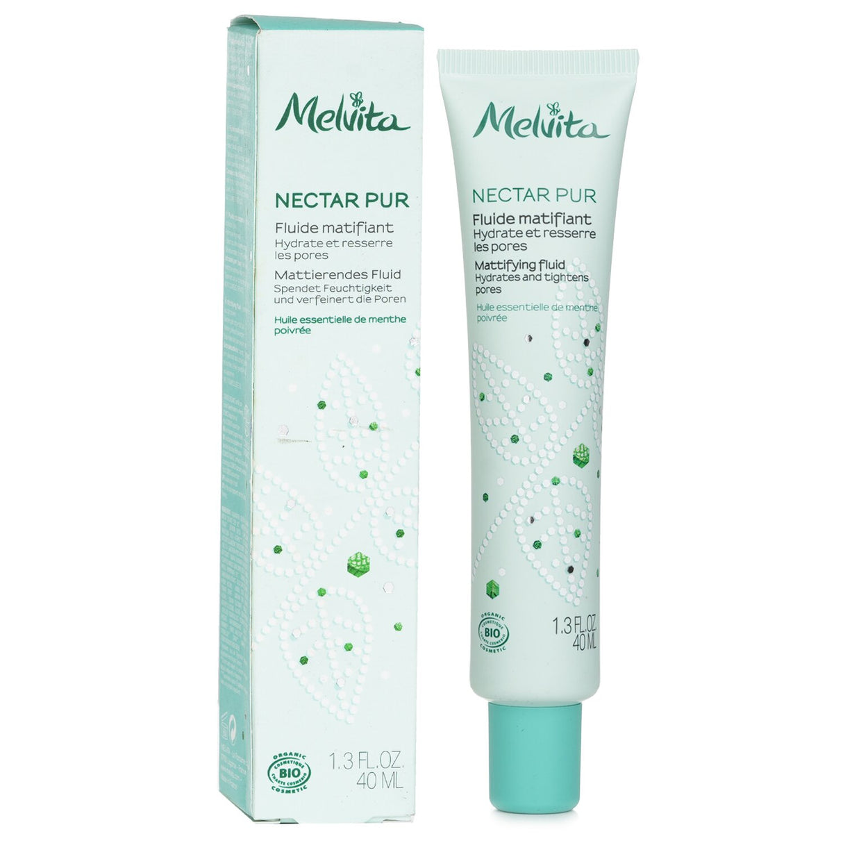 Organic mattifying fluid for oily skin, controls shine, hydrates, reduces blemishes, and provides a smooth finish.