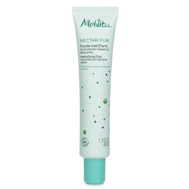 Melvita Nectar Pur Mattifying Fluid in a 40ml bottle, designed for oily skin to control shine and hydrate for a smooth finish.