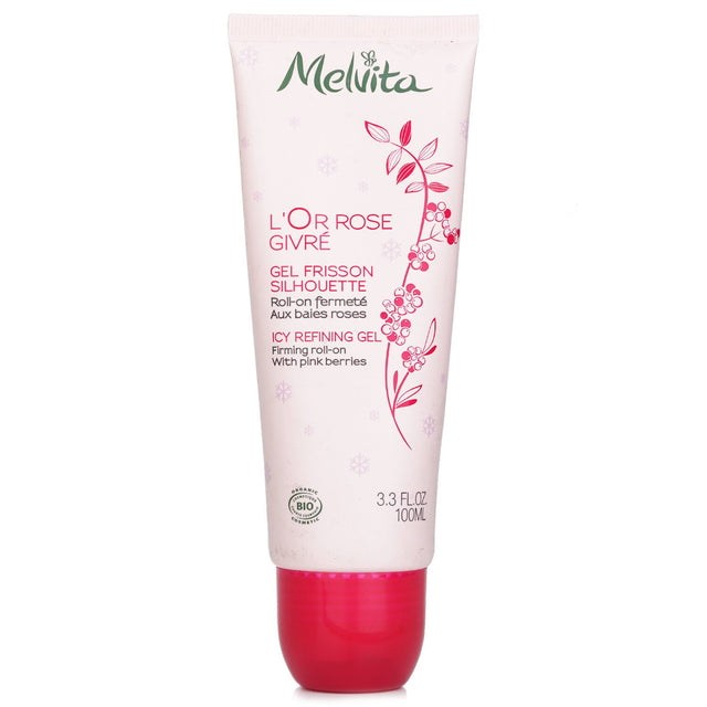 Melvita L'Or Rose Icy Refining Gel in a 100ml bottle, featuring a fresh bead applicator for firming and smoothing skin.