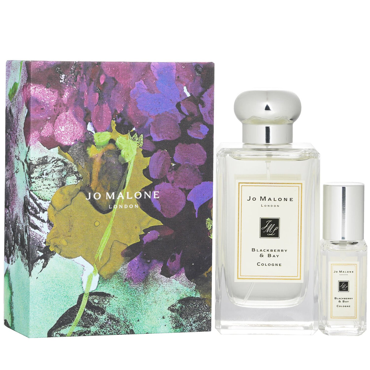 Luxurious Jo Malone Blackberry & Bay Cologne Duo Coffret with 100ml and 9ml sprays, featuring a vibrant fruity blend.