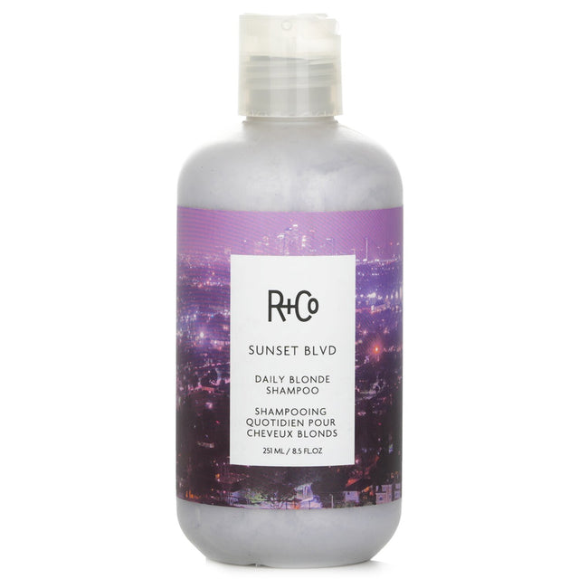 R+Co Sunset Blvd Daily Blonde Shampoo in 251ml for brightening color-treated blonde and grey hair, enriched with Coconut Cleanser.