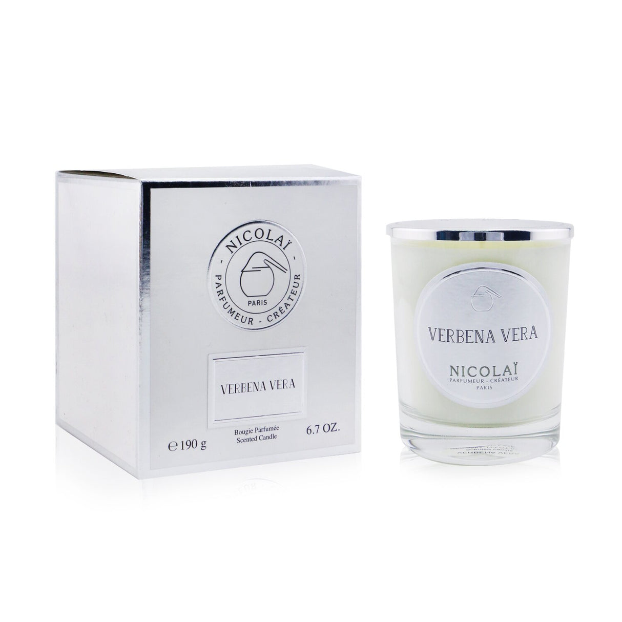 Sleek glass-containered Nicolai scented candle in Verbena Vera, offering 50 hours of soothing natural fragrance.