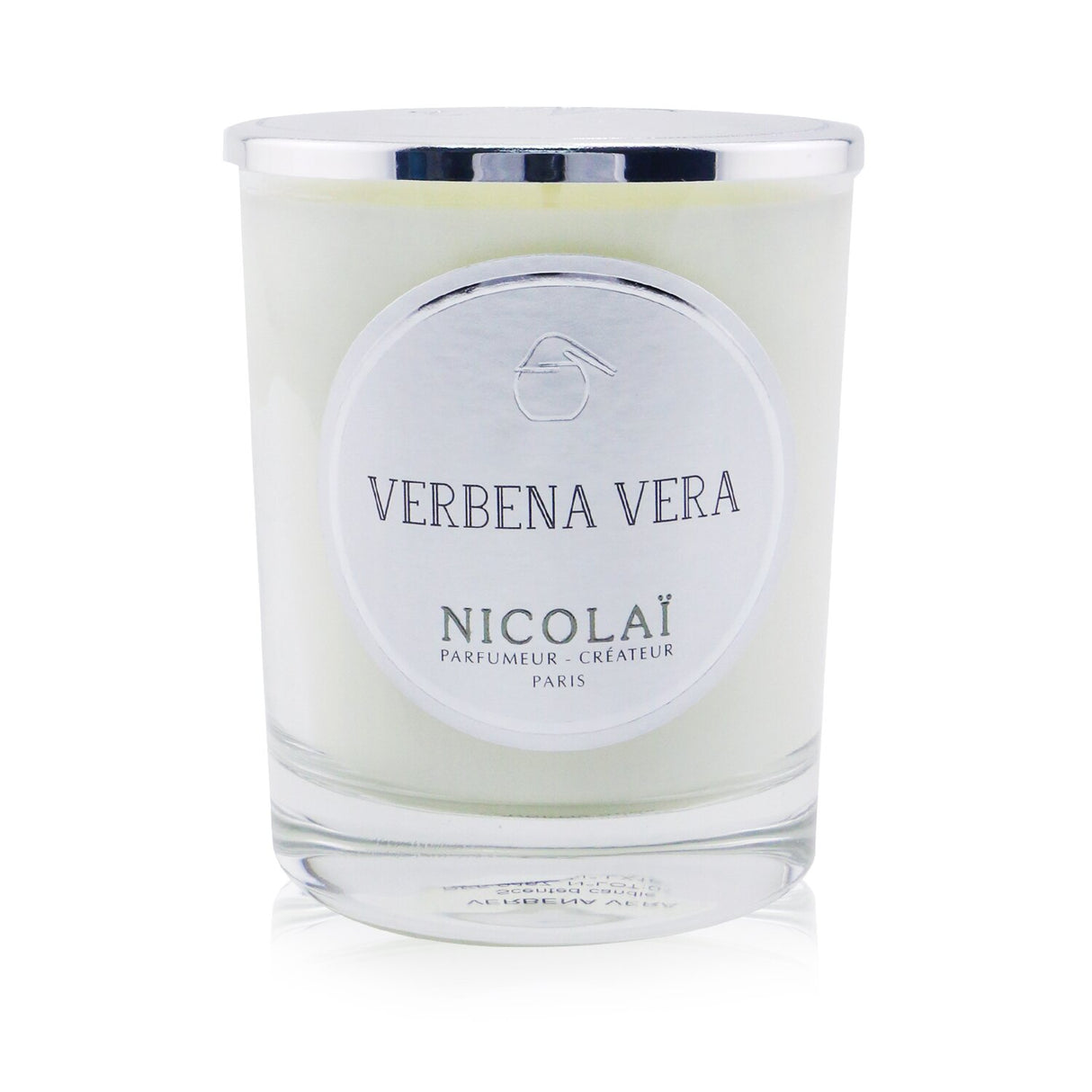 Nicolai Scented Candle in Verbena Vera, 190g, in a glass container, offering a soothing fragrance and 50 hours of burn time.