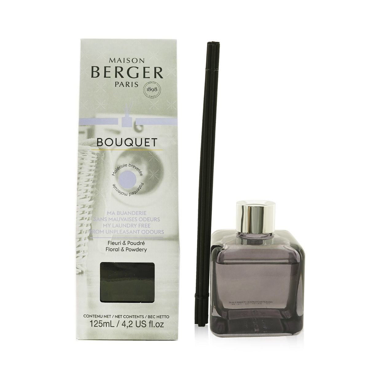 Elegant lilac glass cube with silver ring, featuring scented twigs to neutralize laundry odors and release floral fragrance.