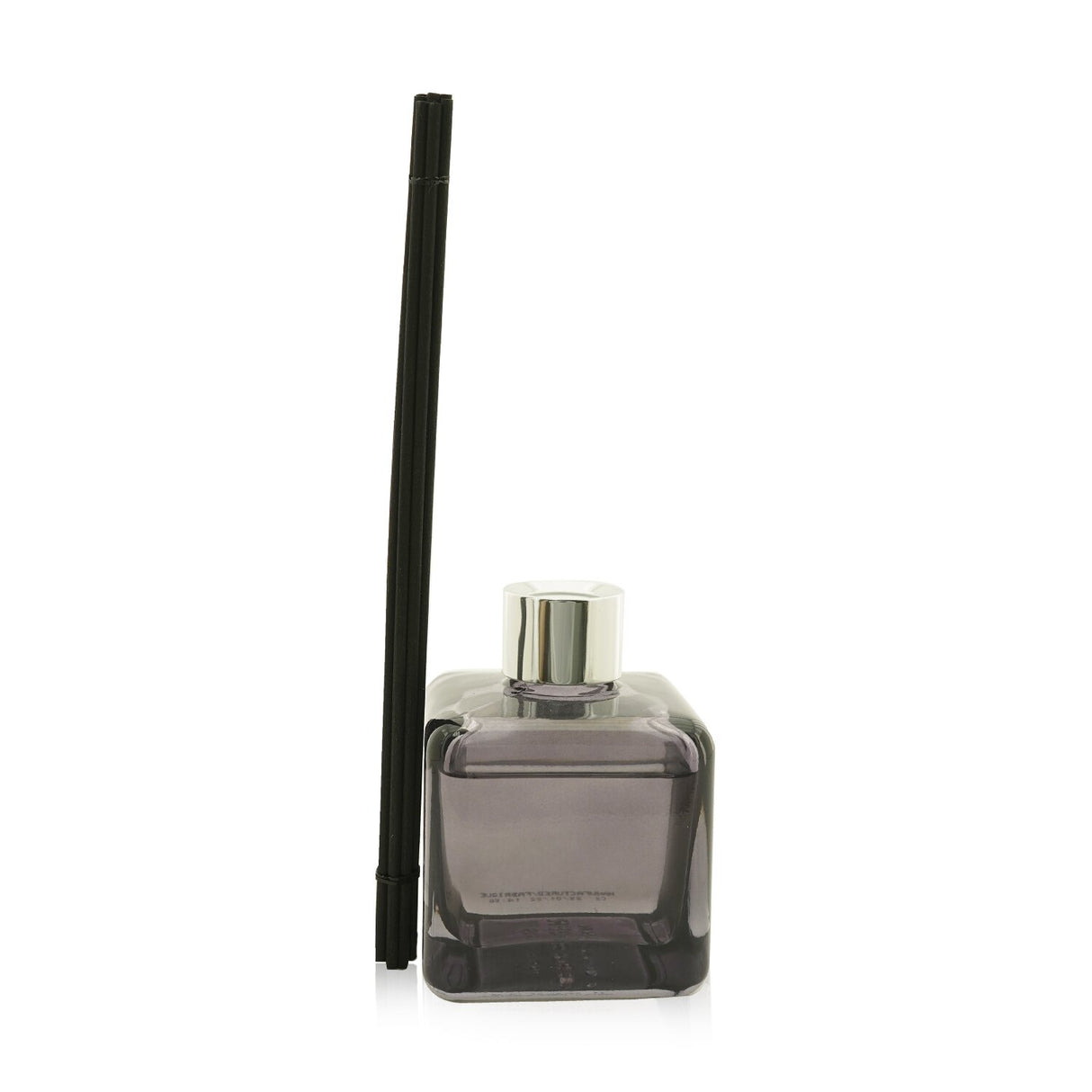 Elegant lilac glass cube scented bouquet with silver ring and polymer twigs, neutralizes laundry odors with floral fragrance.