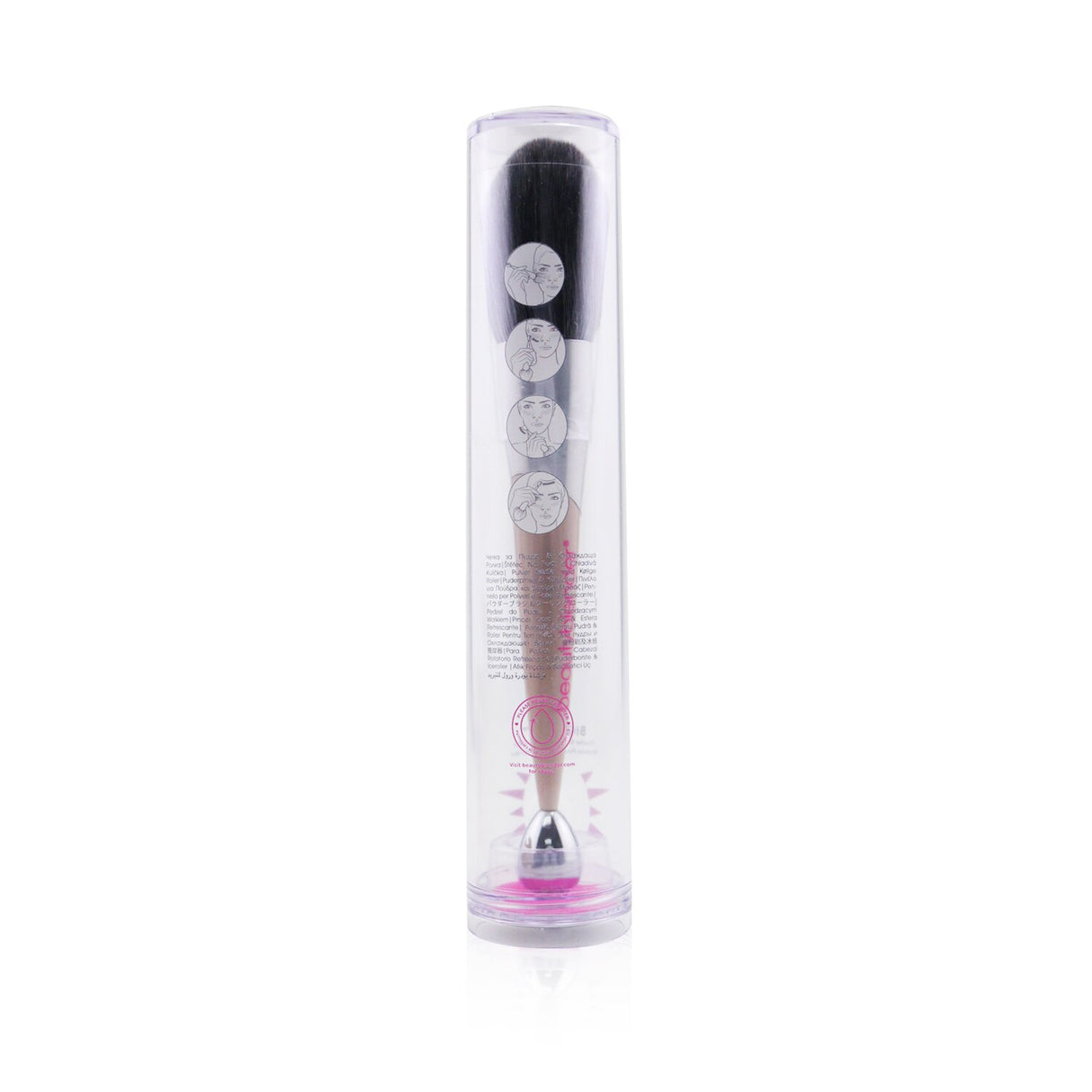 Double-ended BeautyBlender brush with a soft powder applicator and cooling roller for sculpting and depuffing skin effortlessly.