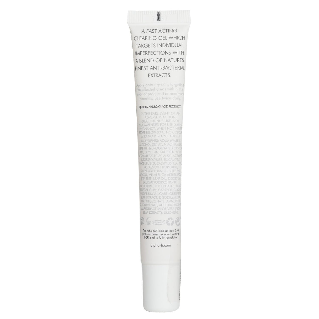 Alpha-H Clear Skin Blemish Control Gel, featuring 2% Salicylic Acid and 4% Niacinamide for effective blemish management.