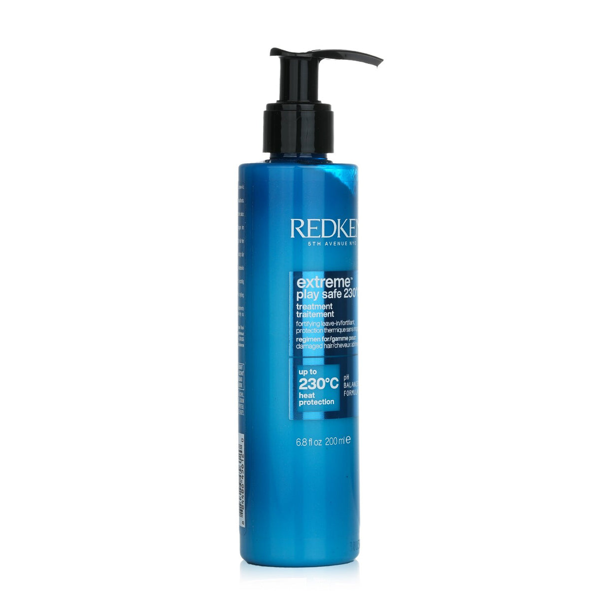 Redken Extreme Play Safe 230°C Treatment for damaged hair, 3-in-1 leave-in with plant protein, protects up to 450°F.