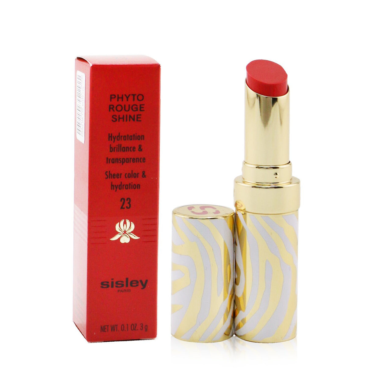 Sisley Phyto Rouge Shine #23 Sheer Flamingo lipstick offers vibrant color, ultra-shiny gloss, and hydrating comfort in a chic case.