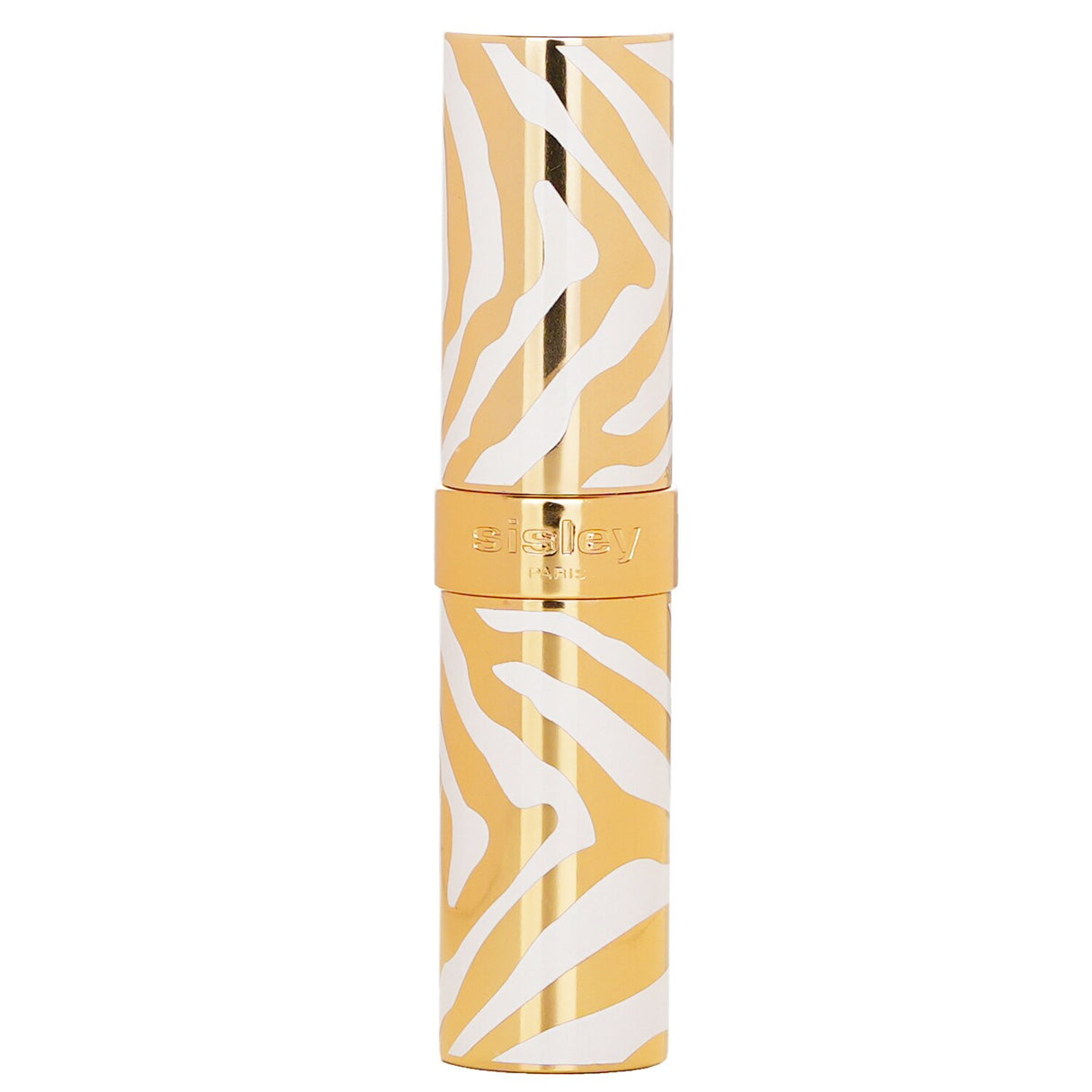 Glossy lipstick in #42 Sheer Cranberry offers hydration, buildable color, and a luxurious white and gold zebra-striped case.