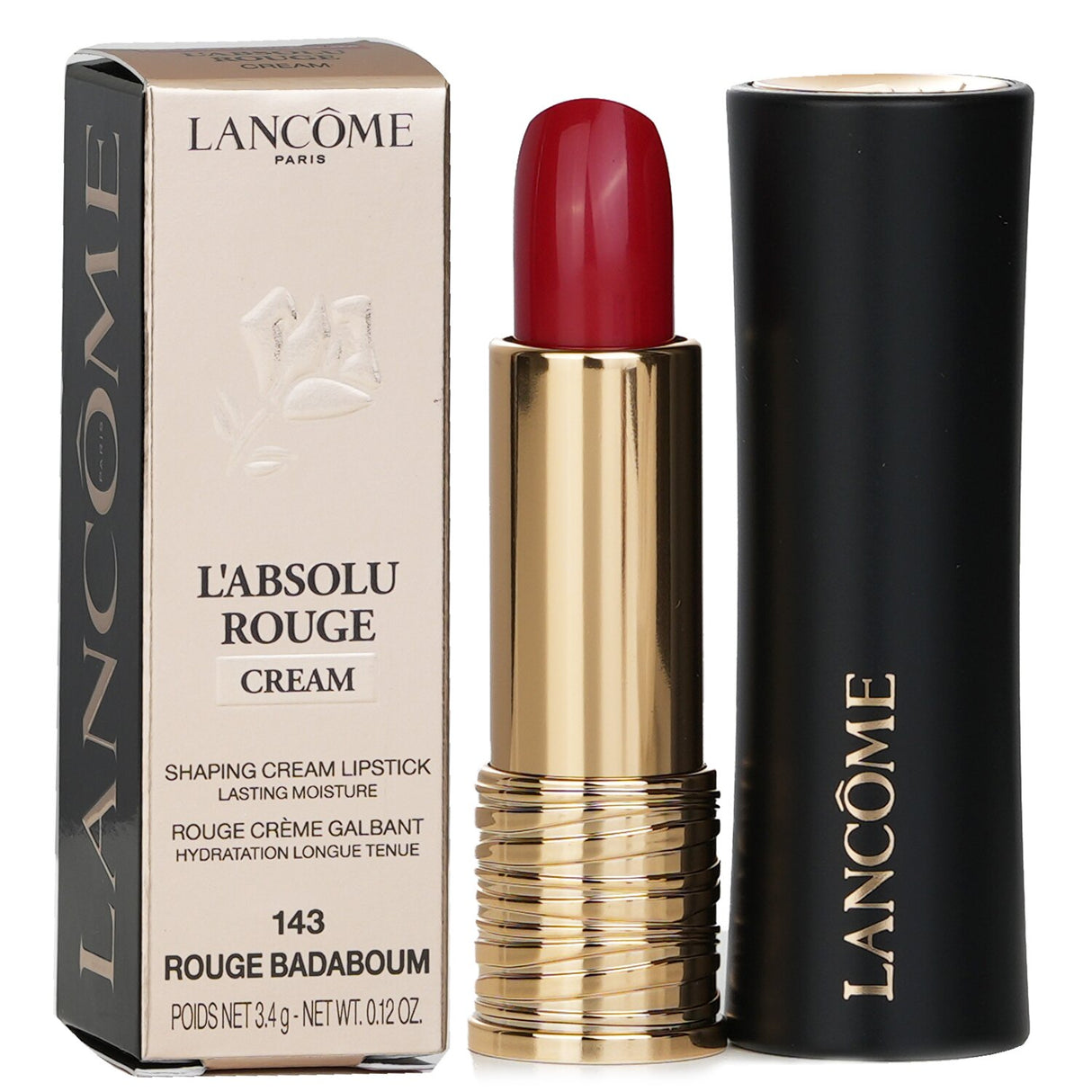 Rich red lipstick in luxurious packaging, offering intense color, creamy texture, and long-lasting hydration.