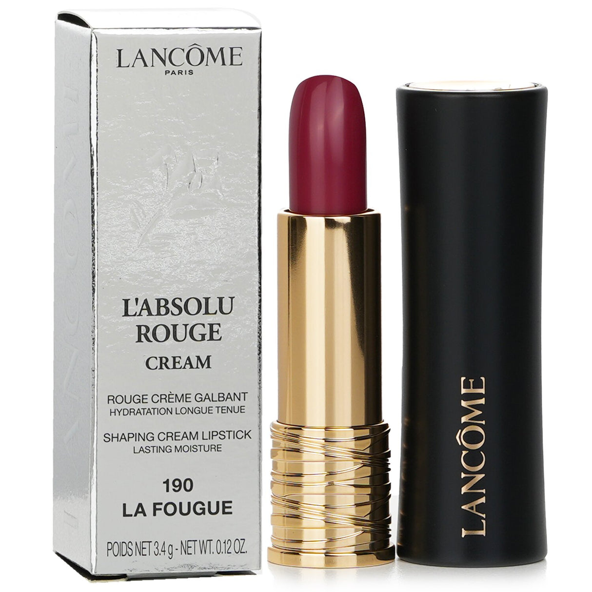 Lancome L'Absolu Rouge Cream Lipstick #190 La Fougue in luxury case, creamy texture, vibrant color, 18 hours comfort, 8 hours hydration.