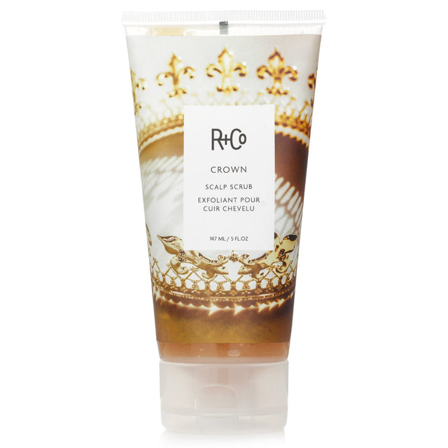 R+Co Crown Scalp Scrub in a 147ml bottle, featuring natural exfoliants for a purifying and revitalizing scalp treatment.