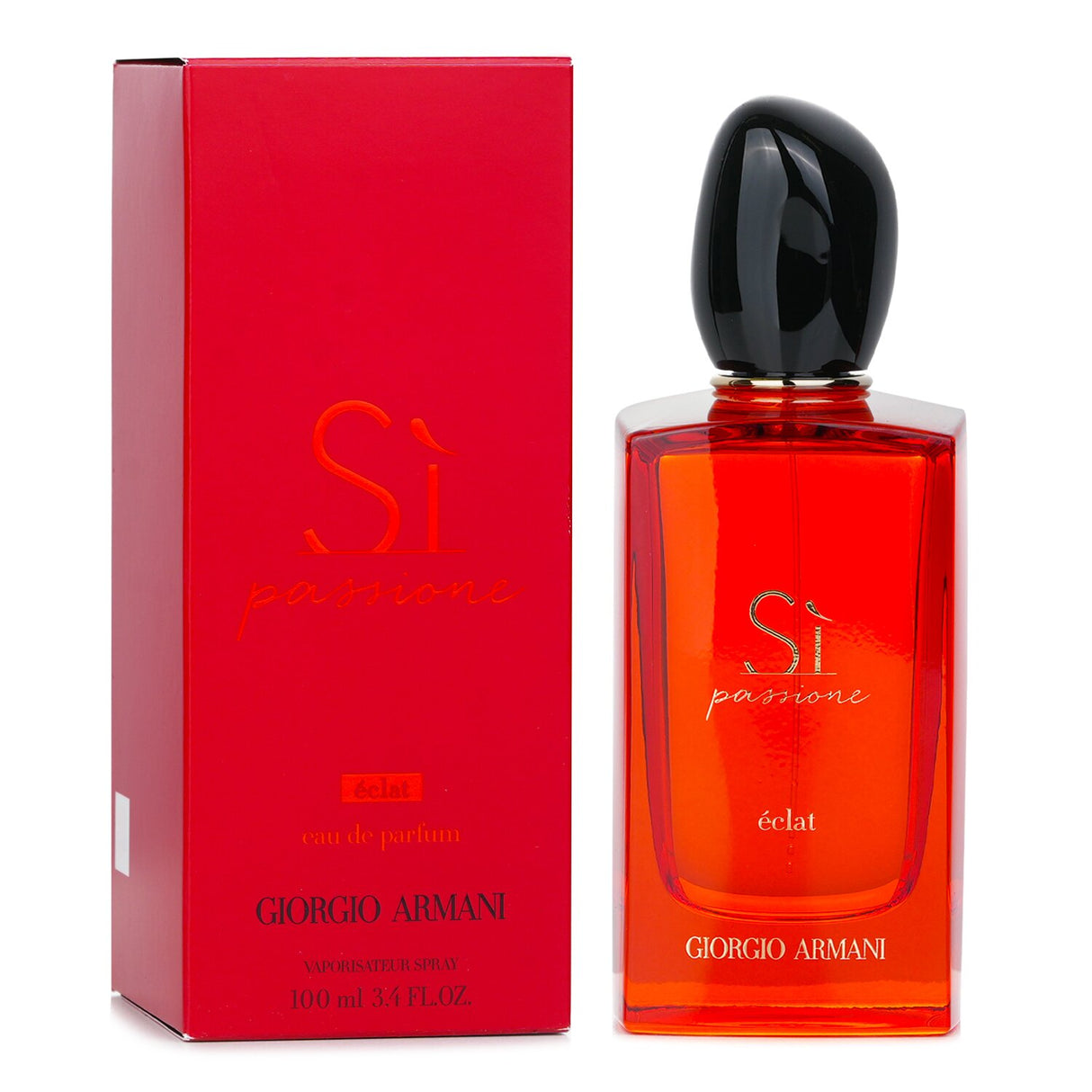 Giorgio Armani Si Passione Eclat Eau De Parfum in a ruby-red bottle, showcasing floral fruity notes and an elegant design.